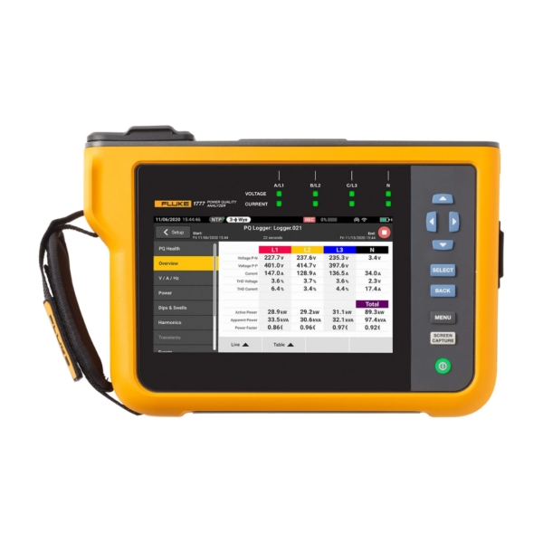 Key features Automatically measure power and power quality parameters At-a-glance power quality health for faster troubleshooting Easily view V/A/Hz, power, dips, swells, and harmonics data Capture high-speed transients up to 8 kV Power directly from measurement circuit without a line cord