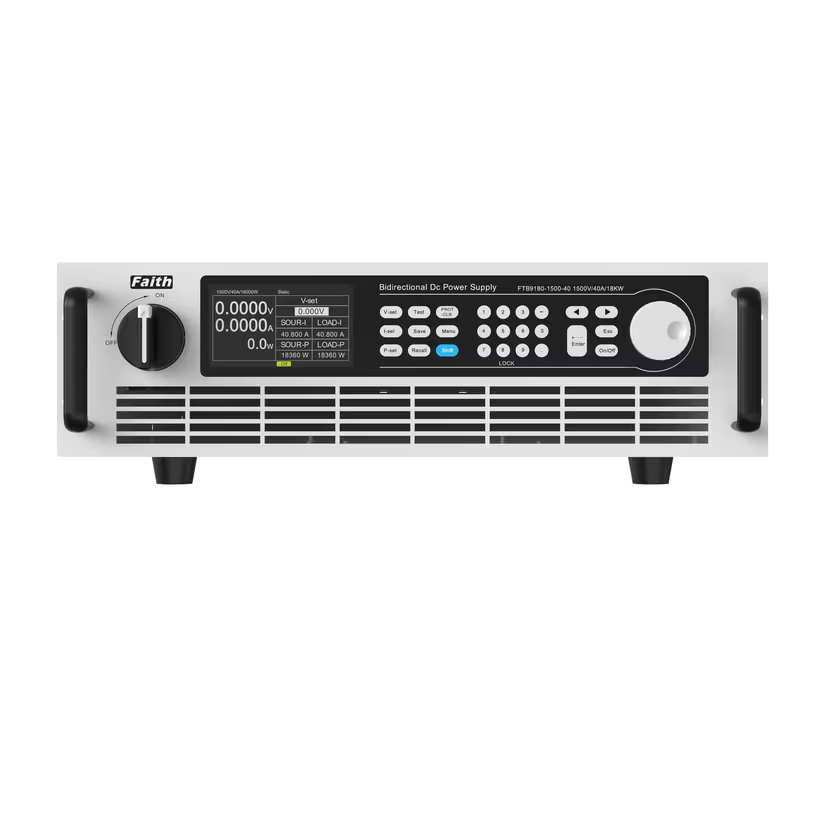 Key Features Voltage Range & Precision: Output up to 2250V with 0.02%+0.02%F.S. accuracy, plus CV mode and adjustable voltage slopes. Current Capacity & Modes: Output up to ±4500A with 0.1%+0.1%F.S. accuracy, CC mode, and fast dynamic response. Power Output & Efficiency: Delivers up to ±180kW per unit (scalable to 1.8MW) with >93% overall efficiency and CP/CR modes. Bidirectional & Regenerative: Seamless two-way energy transfer with 95% grid feedback efficiency. Simulation & Interfaces: Built-in charge/discharge, battery/solar simulation, comprehensive protections, and multi-protocol control (LAN, USB, CAN, RS485). FTB9000 Series Wide Range High Power Bidirectional Programmable DC Power Supply