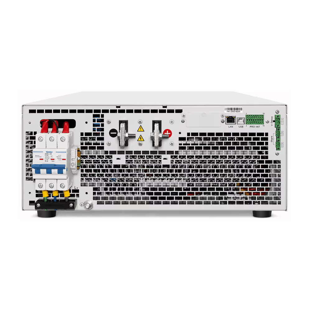 Key Features Regenerative Feedback & High Efficiency: Absorbs energy and feeds it back to the grid with up to 93% efficiency, reducing electricity costs and cooling requirements. Seamless Bidirectional Switching: Dual-quadrant operation enables rapid, zero-cross switching between positive and negative currents to prevent voltage or current overshoots. High Power Density & Expansion: Delivers high output capability (500V–2250V voltage range; 225A–2880A current range) in a compact 4U/50kW design, with master-slave parallel expansion for up to 10 units. Advanced Simulation & Waveform Capabilities: Features built-in battery charging/discharging modes, 10 sequence files (100 steps each), and optional software for battery simulation and PV matrix/MPPT testing. Flexible Control & Interface: Equipped with a 5-inch graphical touch screen, CC/CV priority modes to protect sensitive equipment, an optional composite signal port, and support for SCPI and Modbus protocols. FTB7000 series Wide range high power bidirectional programmable DC power source - Image 2