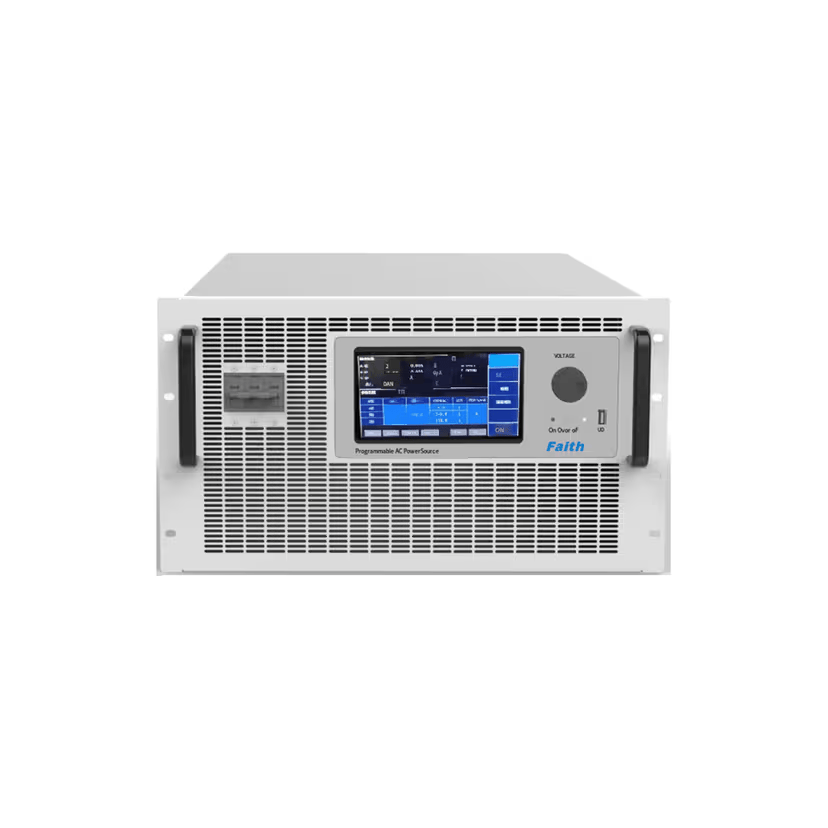 Key Features Voltage, Current & Frequency Range: Delivers wide AC frequency output from 1Hz to 550Hz with precise measurement of Vrms, Irms, Active Power (W), Power Factor (PF), and Ipeak. 100% Regenerative Feedback: Features a two-way converter that enables 100% rated current energy feedback to the grid, dramatically lowering energy consumption and operational heat. DDS Synthesis & Waveform Control: Uses Direct Digital Synthesizer (DDS) design with low waveform distortion, supporting up to 50 harmonic editing, phase/starting angle adjustments, and 5V TTL level mutation triggers. Ultra-Compact Modular Density: High power density modular construction reduces equipment volume to one-tenth that of legacy transformer systems while lowering overall failure rates. Interactive Control & Connectivity: Equipped with a touch screen and adjustment knob interface, dedicated PC software for online parameter mutations, and multiple interfaces including RS232, RS485, CAN2.0B, and LAN. FTPS Series Programmable Bidirectional AC power supply Regenerative grid simulator